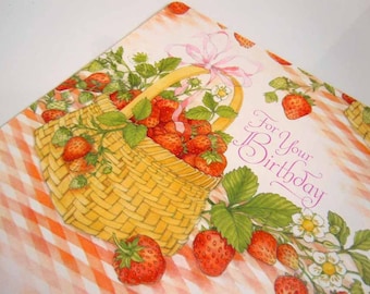 Vintage Birthday Wrapping Paper White Gift Wrap Red Strawberries Strawberry Baskets