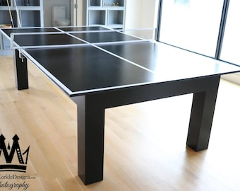 Contemporary Pingpong table with black onyx finish, and white pin stripes! Order your custom ping pong table tennis game today!