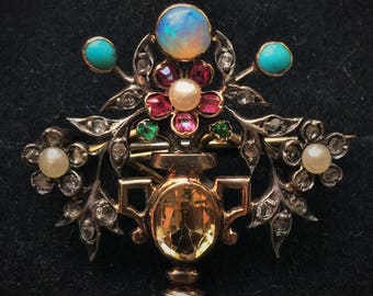 Vintage 19th century Multi-gem Giardinetto Brooch Pendant