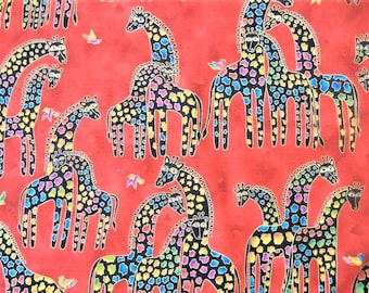 Mythical Jungle Giraffe Metallic by Laurel Burch Fabric Cotton by the yard Order by color Red, Pink