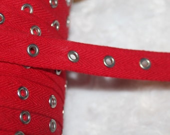 2 yards Cherry Red cotton silver grommet twill trim tape sewing for Corsets Bustiers Lacing costumes 1" spacing