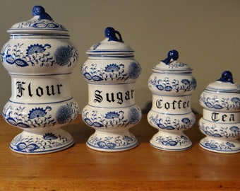 Blue Onion Canister Set, Blue and White Canister, Flour Sugar Coffee Tea