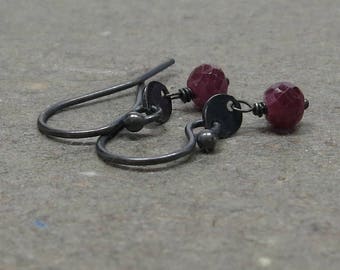 Ruby Earrings Petite Minimalist Disc Raspberry Red Oxidized Sterling Silver Earrings Gift for Girlfriend Gift for Mom