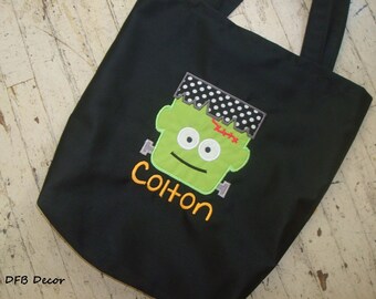 BOYS PERSONALIZED HALLOWEEN Bag - Trick or Treat Bag - Appliqued Treat Bag - Halloween Tote -Frankenstein Halloween Bag