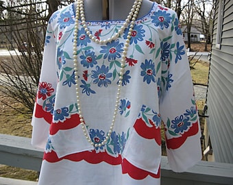 Blue and red floral oversize one size fits most upcycled vintage linen 1X-2X plus size loose fit eco boho top by Lily Whitepad