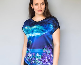 Silk T-shirt - Silk Top - Satin Top - Satin T-shirt - Luxury T-shirt - Silk Blouse - Silk Tee - Satin Blouse - Silk Print Top - Floral Top