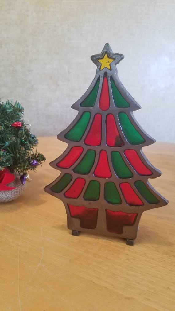 Vintage Stained Glass Christmas Tree Candle Holder