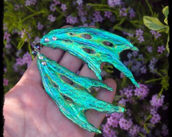 Large Blue Green Dragon Faery Wing Earrings - Ready to Ship - Gothic Fantasy Holographic Halloween Gift Cosplay Festival