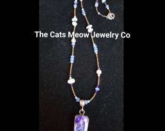 Beaded Necklace with Silver Dichroic Glass Pendant