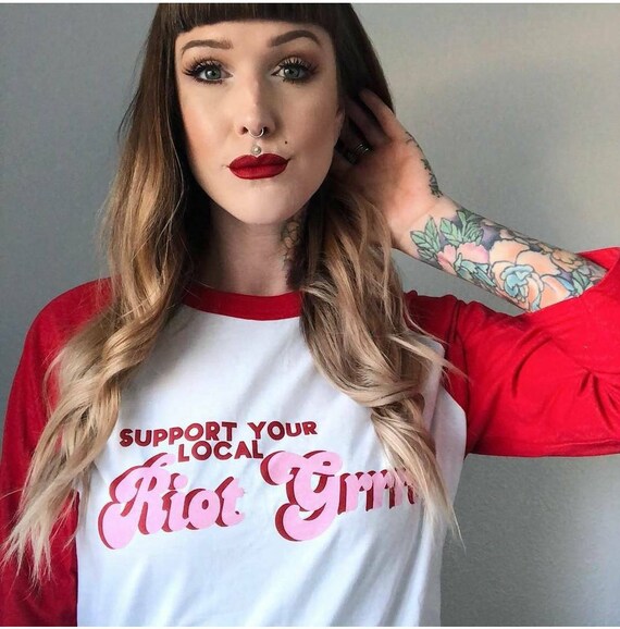 Support Your Local Riot Grrrl Red Raglan Unisex Baseball Tshirt
