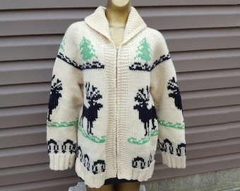 Vintage 60s Cowichan Sweater Reindeer, Trees Sz L