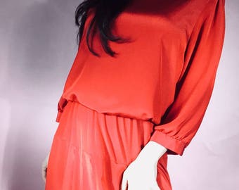 70's Red Drop Waist Mid Length Full Sleeve Dress Vintage Clothing Retro Party 80's 90's 60's