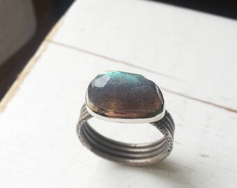Rustic Labradorite and Silver Ring - Freeform Natural Rose Cut Boho Gypsy Ring - Size 8 - Antiqued Silver