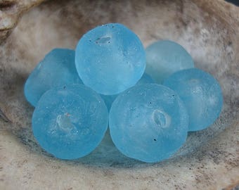 Light Blue Beads, Recycled Glass Beads, Sea Blue Beads, Matte Finish, Large Glass Bead, Large Hole Bead, 14mm to 15mm Bead, 8 Beads