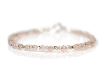 Rose Quartz Bracelet, Beaded Pale Pink Gemstone Bracelet, 925 Sterling Silver, Romantic Jewelry, Mother's Day Gift ,January Birthstone