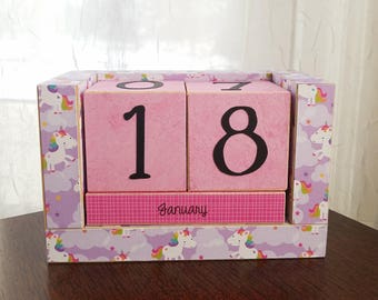 Handmade Perpetual Wooden Block Calendar - Happy Prancing Unicorns - Fairy Tale - Purple Pink Blue Magic Unicorn - Rainbows and Clouds