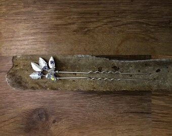 Bridal hair pin, silver leaf with lavender crystals