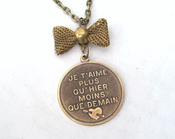 French Necklace, Love Poem Necklace, I Love You More Than Yesterday and Less Than Tomorrow Bow Necklace, Valentine Necklace