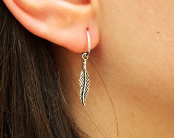 Feather Sterling Silver Hoop Earrings - Silver Hoop Earrings - Tiny Hoop Earrings,Hoop Earrings - Small Hoop Earring - Silver Hoop Tiny,023H