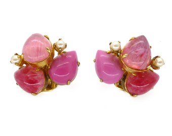 Vintage 1969 Christian Dior Pink Glass Faux Pearl Cluster Clip Earrings