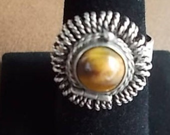 Old~Vintage~Sterling Silver~Poison Ring~Pill Box~Locket~Snuff~Ring~Tigers Eye Stone~Ring with secret compartment~Taxco Mexico~925~Size~8.5