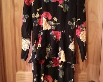 Vintage 80s 90s Floral Print Roses Romantic Peplum Long Sleeve Black Dress Size