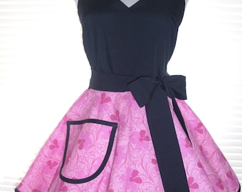 Fifties Style Sweetheart Retro Apron Candy Pink and Black Circular Flirty Skirt