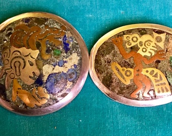 Vintage Los Ballesteros Mexican Taxco pre Eagle Mark signed Sterling Silver Turquoise/Malachite/Lapis Mixed Metal Brooches/ Pendant
