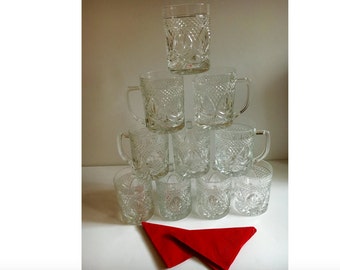 Vintage Punch, Coffee, Tea Cups, Anchor Hocking Mugs, Wexford Pressed Barware Glassware with handles, Set of 10 tall Holiday , Bridal Party