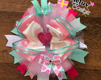 Message Hearts in Pink and Turquoise Stacjes Hair Bow, Valentines Bow