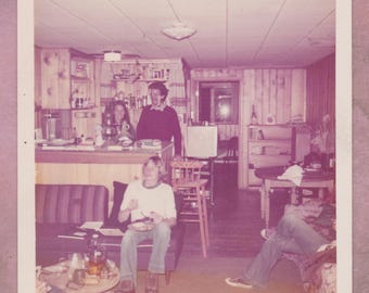 Vintage Photo, 1970s Basement Party, Wood Paneling, Vernacular, Apartment, Friends, Mustache, Kodak, Laughing, Candid, Queens, New York