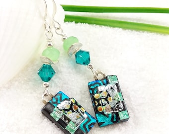 Dichroic glass jewelry, Fused glass earrings, Dichroic Earrings, Trending earrings, Hana Sakura, blue jewelry, dichroic,statement earrings