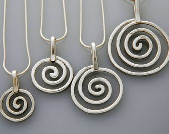 Metal jewelry, silver jewelry- large silver spiral necklace, swirls necklace