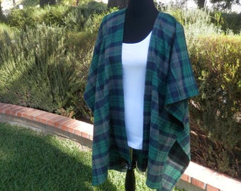 Poncho, Women Poncho, Boho Poncho, Poncho, Women Wrap, Shawl, Boho Chic Poncho, Cape--Green, Blue & Gray Plaid Poncho