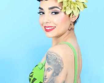 Green Velvet Tiki Hair Flower - Pinup, Retro, Rockabilly Tropical Hair Clip Hawaiian Flower Tiki Hair Clip