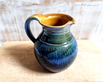 ceramic pitcher glazed blue/green vintage signed