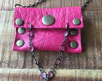 Cool Leather Jewelry - Talisman Pouch Necklace - Soft Pink Leather - Amulet Bag Necklace - Hot Pink