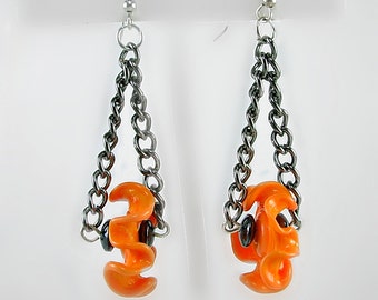 Orange & Black Lampwork Earrings, Artisan Curly Glass, Hematite, Chain, Halloween, OSU Colors
