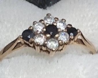 Vintage sapphire and cz 9ct gold ring