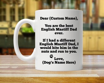 english mastiff dad, english mastiff gift, personalized custom gift mug, english mastiff gifts, english mastiff owner, pug coffee mug cup