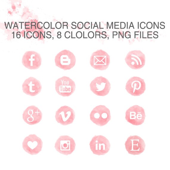 Watercolor Social Media Icons Set of 16 x 8 colors pink peach