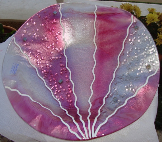 Vintage Pink Purple Round Handmade Fused Glass Plate, Fused Glass Serving Platter, Design Decorative Plate Art Glass Tray, New Home Gift