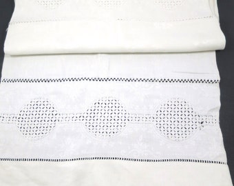 Vintage Damask Table Runner Drawnwork Circle Borders Long 18 x 70 inches Long White Linen Damask Dresser Scarf Antique Linens 1920's