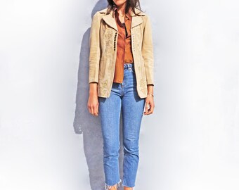 Suede Jacket, Embossed Suede Jacket, Vintage Suede Jacket, Cream Suede Jacket, 1970s Jacket, Leather Jacket, Boho Jacket, 70s Suede Jacket