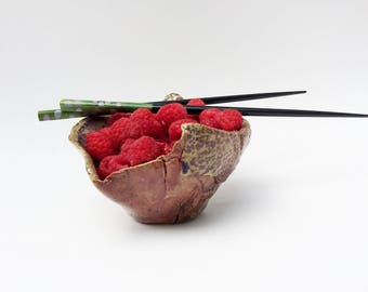 Graceful Upswept Bowl, Hobbitware Bowl, Pottery Rustic, Primitive, Sushi, Weird Bowl, Strange Bowl, Altar Bowl, Burgundy, Navy