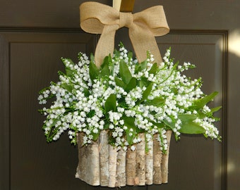spring wreaths for front door wreaths white lily of the valley Mother's day gifts decorations birch bark vases floral container
