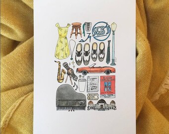 LA LA LAND Minimal Movie Poster Print Drawing Illustration Hand Drawn Tap Shoes Jazz Music Saxophone Classic Cinema Theatre Quote Car