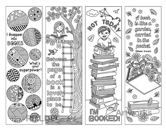 a set of 8 coloring bookmarks with quotes on books and