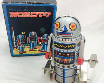 Vintage 1960s Robot-7, Litho Wind Up Tin Toy- Original Illustrated box