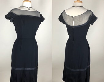 Chic! VTG 1950s Peggy Hunt Classic Navy Wiggle Dress Illusion Accordion Pleat Hem
